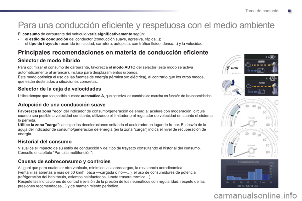 Peugeot 508 RXH 2013  Manual del propietario (in Spanish) .
5
To m a  d e  c o n t a c t o
   
 
 
 
 
Para una conducción eficiente y respetuosa con el medio ambiente 
 
 
El  consumode carburante del vehículo varía significativamente 
 según: 
   
 
- 