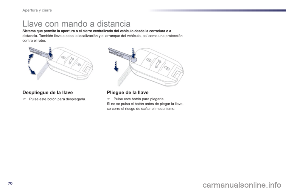 Peugeot 508 RXH 2013  Manual del propietario (in Spanish) 70
Apertura y cierre
distancia. También lleva a cabo la localización y el arranque del vehículo, así como una protección contra el robo.  
 
 
 
 
 
 
 
 
 
 
 
 
 
 
 
 
 
 
 
 
 
Llave con mand