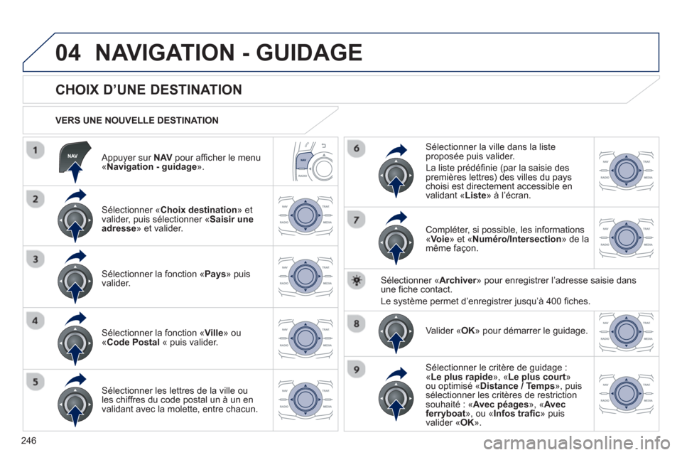 Peugeot 508 RXH 2013 Manuel du propriétaire (in French) 246
04
Appuyer sur NAVpour afficher le menu «Navigation - guidage».
VERS UNE NOUVELLE DESTINATION
NAVIGATION - GUIDAGE
CHOIX D’UNE DESTINATION
Sélectionner Peugeot 508 RXH 2013 Manuel du propriétaire (in French) 246
04
Appuyer sur NAVpour afficher le menu «Navigation - guidage».
VERS UNE NOUVELLE DESTINATION
NAVIGATION - GUIDAGE
CHOIX D’UNE DESTINATION
Sélectionner