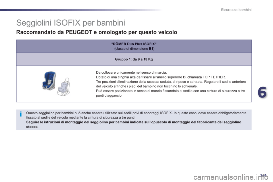 Peugeot 508 RXH 2013  Manuale del proprietario (in Italian) 6
169
Sicurezza bambini
   
 
 
 
 
 
 
 
 
 
 
 
 
 
 
Seggiolini ISOFIX per bambini 
 
 Questo seggiolino per bambini può anche essere utilizzato sui sedili privi di ancoraggi ISOFIX. In questo cas
