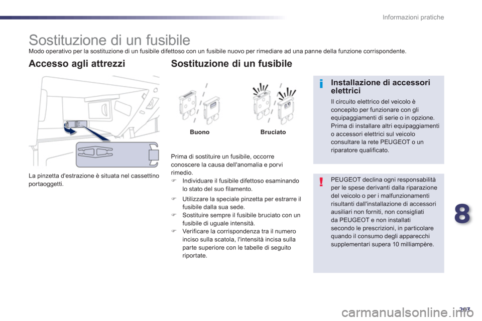 Peugeot 508 RXH 2013  Manuale del proprietario (in Italian) 8
203
Informazioni pratiche
   
 
 
 
 
 
 
 
 
 
 
 
 
 
 
 
 
 
 
 
Sostituzione di un fusibile  
Modo operativo per la sostituzione di un fusibile difettoso con un fusibile nuovo per rimediare ad u