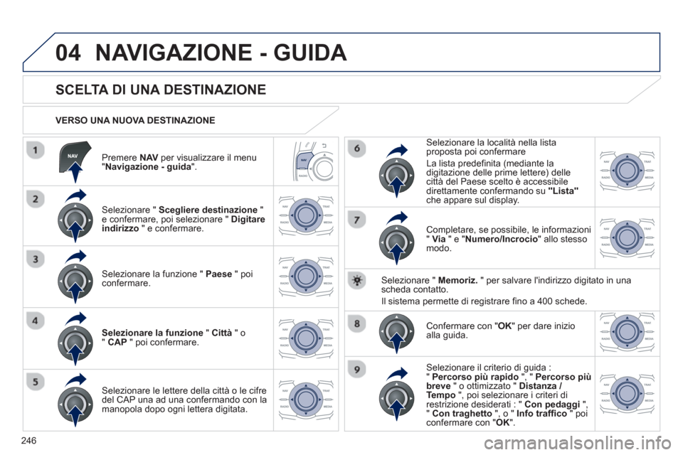 Peugeot 508 RXH 2013 Manuale del proprietario (in Italian) 246
04
Premere NAV
per visualizzare il menu"Navigazione - guida".
VERSO UNA NUOVA DESTINAZIONE
NAVIGAZIONE - GUIDA
SCELTA DI UNA DESTINAZIONE
Selezionare " Sce Peugeot 508 RXH 2013 Manuale del proprietario (in Italian) 246
04
Premere NAV
per visualizzare il menu"Navigazione - guida".
VERSO UNA NUOVA DESTINAZIONE
NAVIGAZIONE - GUIDA
SCELTA DI UNA DESTINAZIONE
Selezionare " Sce