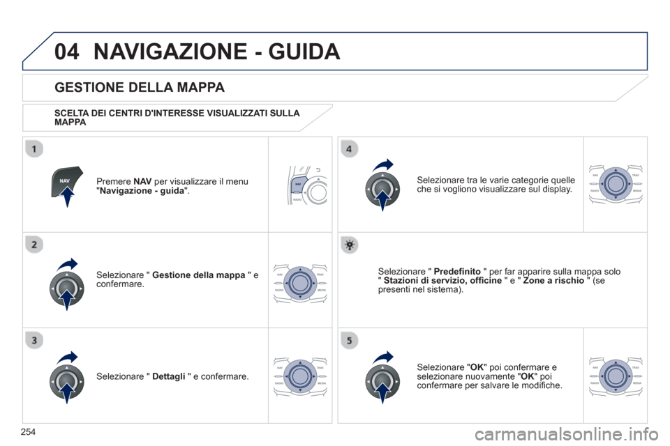 Peugeot 508 RXH 2013  Manuale del proprietario (in Italian) 254
04NAVIGAZIONE - GUIDA 
Premere NAVper visualizzare il menu "Navigazione - guida 
".  
 
 
GESTIONE DELLA MAPPA 
 
 SCELTA DEI CENTRI DINTERESSE VISUALIZZATI SULLA 
MAPPA   
Selezionare "  Gestion