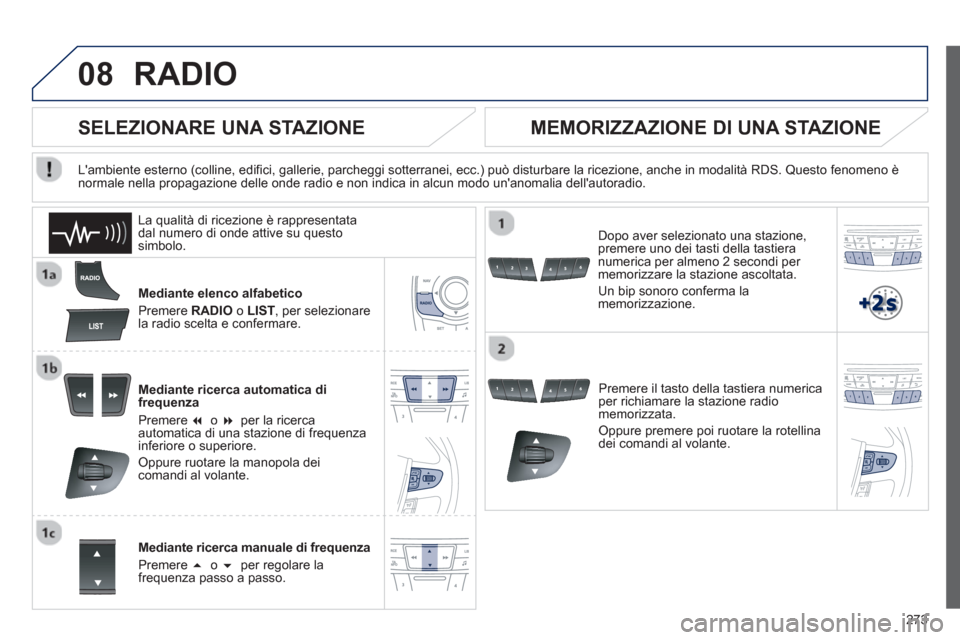 Peugeot 508 RXH 2013  Manuale del proprietario (in Italian) 273
08RADIO 
Mediante elenco alfabetico
Pr
emere RADIO 
 o LIST 
, per selezionare la radio scelta e confermare.  
Mediante ricerca automatica di 
fre
quenza
Premere �  o  �  
per la ricerca automat