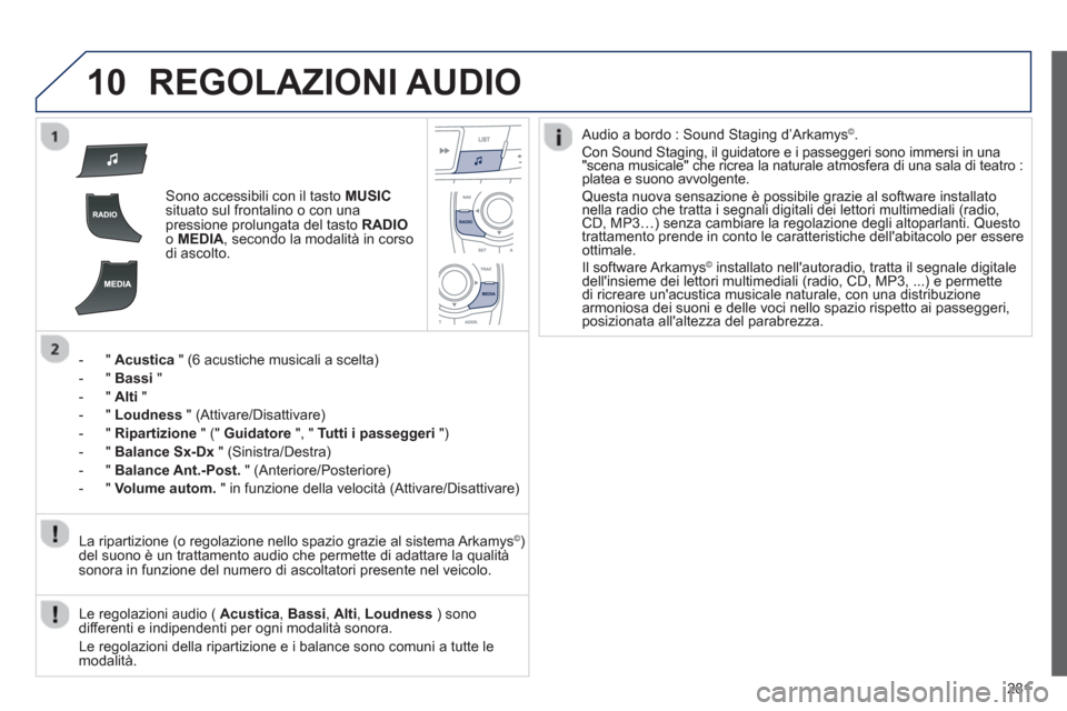 Peugeot 508 RXH 2013 Manuale del proprietario (in Italian) 281
10REGOLAZIONI AUDIO
Sono accessibili con il tasto MUSICsituato sul frontalino o con unapressione prolungata del tasto RADIOo MEDIA
, secondo la modalità in corso di ascolto.
- "
Acustica Peugeot 508 RXH 2013 Manuale del proprietario (in Italian) 281
10REGOLAZIONI AUDIO
Sono accessibili con il tasto MUSICsituato sul frontalino o con unapressione prolungata del tasto RADIOo MEDIA
, secondo la modalità in corso di ascolto.
- "
Acustica