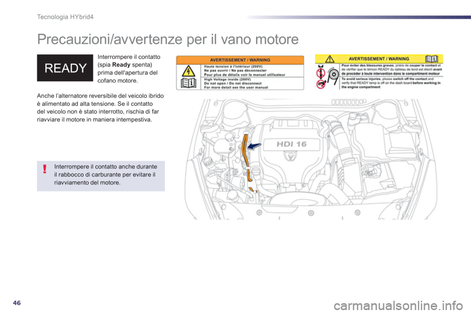 Peugeot 508 RXH 2013 Manuale del proprietario (in Italian) 46
Te c n o l o g i a H Y b r i d 4
Precauzioni/avvertenze per il vano motore
Interrompere il contatto(spia Ready
spenta) prima dellaper tura del cofano motore.
Interrompere il Peugeot 508 RXH 2013 Manuale del proprietario (in Italian) 46
Te c n o l o g i a H Y b r i d 4
Precauzioni/avvertenze per il vano motore
Interrompere il contatto(spia Ready
spenta) prima dellaper tura del cofano motore.
Interrompere il
