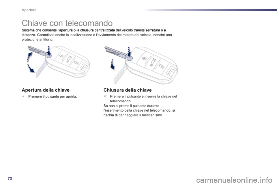 Peugeot 508 RXH 2013  Manuale del proprietario (in Italian) 70
Aperture
distanza. Garantisce anche la localizzazione e lavviamento del motore del veicolo, nonché unaprotezione antifurto.
   
 
 
 
 
 
 
 
 
 
 
 
 
 
 
 
 
 
 
 
Chiave con telecomando  
Aper