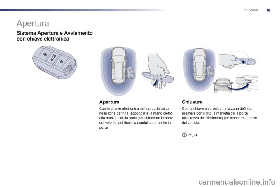 Peugeot 508 RXH 2013  Manuale del proprietario (in Italian) .
7
In breve
  Apertura 
Apertura 
Con la chiave elettronica nella propria tasca nella zona definita, appoggiare la mano dietroalla maniglia della por ta per sbloccare le por te 
del veicolo, poi tira