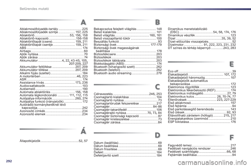 Peugeot 508 RXH 2013  Kezelési útmutató (in Hungarian) 292
Betűrendes mutató
Ablakmosófolyadék-tartály ...........................225Ablakmosófolyadék szintje...................157,225Ablaktörlő........................................53, 156,158A