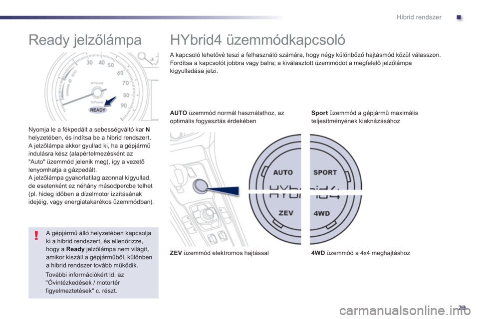 Peugeot 508 RXH 2013  Kezelési útmutató (in Hungarian) .
29
Hibrid rendszer
   
 
 
 
 
 
 
 
 
 
 
 
 
 
Ready jelzőlámpa 
 
 
Nyomja le a fékpedált a sebességváltó kar  Nhelyzetében, és indítsa be a hibrid rendszer t.
 A jelzől