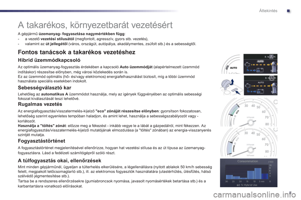 Peugeot 508 RXH 2013  Kezelési útmutató (in Hungarian) .
5
Áttekintés
   
 
 
 
 
A takarékos, környezetbarát vezetésért 
 
 A gépjármű  üzemanyag-fogyasztásanagymértékben függ 
: 
   
 
-  a vezető vezetési stílusától(megfontolt, agre