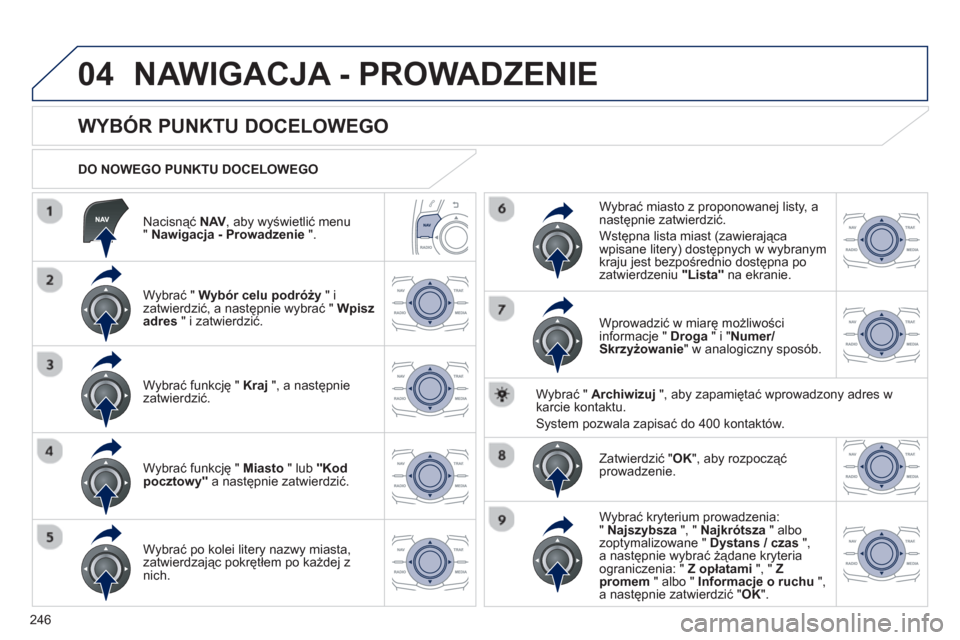 Peugeot 508 RXH 2013  Instrukcja Obsługi (in Polish) 246
04
   
Nacisnąć NAV, aby wyświetlić menu"Nawigacja - Prowadzenie".
 
 
DO NOWEGO PUNKTU DOCELOWEGO 
NAWIGACJA - PROWADZENIE 
 
 
 
 
 
 
 
 
 
 
 
 
WYBÓR PUNKTU DOCELOWEGO 
 
 
Wybrać "  Wy