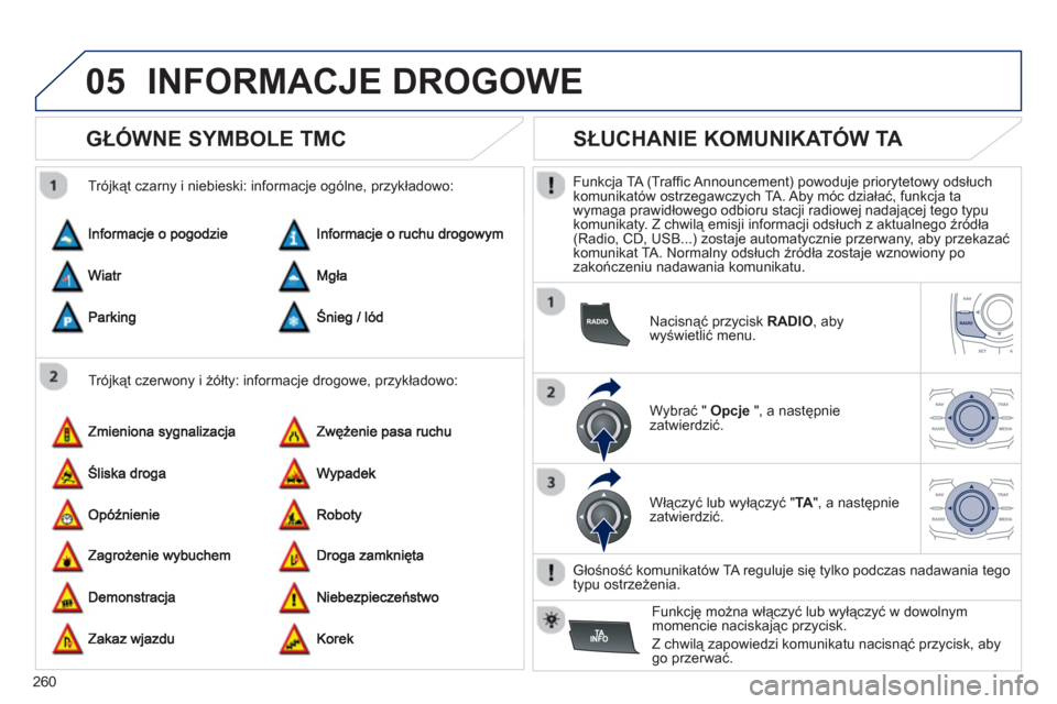 Peugeot 508 RXH 2013  Instrukcja Obsługi (in Polish) 260
05INFORMACJE DROGOWE 
   
 
 
 
 
 
GŁÓWNE SYMBOLE TMC 
 
 
Trójkąt czerwony i żółty: informacje drogowe, przykładowo:     
Trójkąt czarny i niebieski: informacje ogólne, przykładowo: 