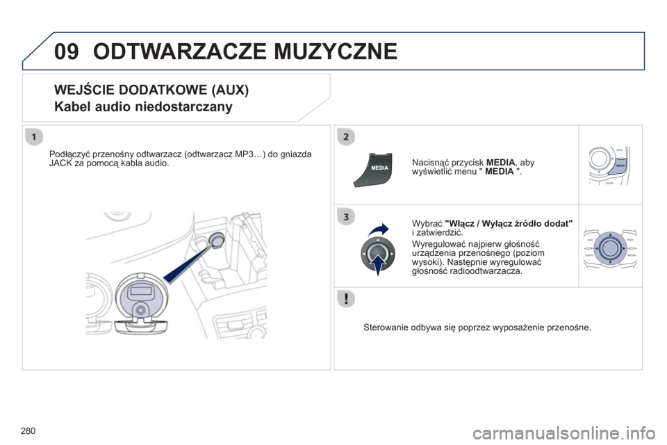 Peugeot 508 RXH 2013 Instrukcja Obsługi (in Polish) 280
09ODTWARZACZE MUZYCZNE
WEJŚCIE DODATKOWE (AUX)
Kabel audio niedostarczany
Podłączyć przenośny odtwarzacz (odtwarzacz MP3…) do gniazdaJACK za pomocą kabla audio.
Nacisnąć prz Peugeot 508 RXH 2013 Instrukcja Obsługi (in Polish) 280
09ODTWARZACZE MUZYCZNE
WEJŚCIE DODATKOWE (AUX)
Kabel audio niedostarczany
Podłączyć przenośny odtwarzacz (odtwarzacz MP3…) do gniazdaJACK za pomocą kabla audio.
Nacisnąć prz