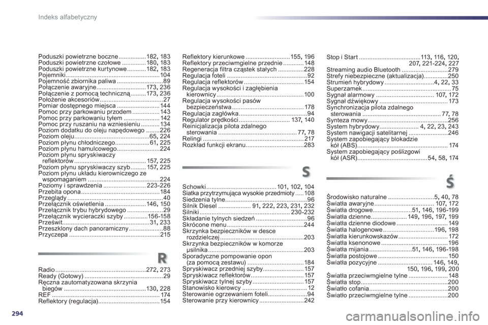 Peugeot 508 RXH 2013  Instrukcja Obsługi (in Polish) 294
Indeks alfabetyczny
Poduszki powietrzne boczne................182, 183Poduszki powietrzne czołowe..............180, 183Poduszki powietrzne kurtynowe...........182, 183Pojemniki...................