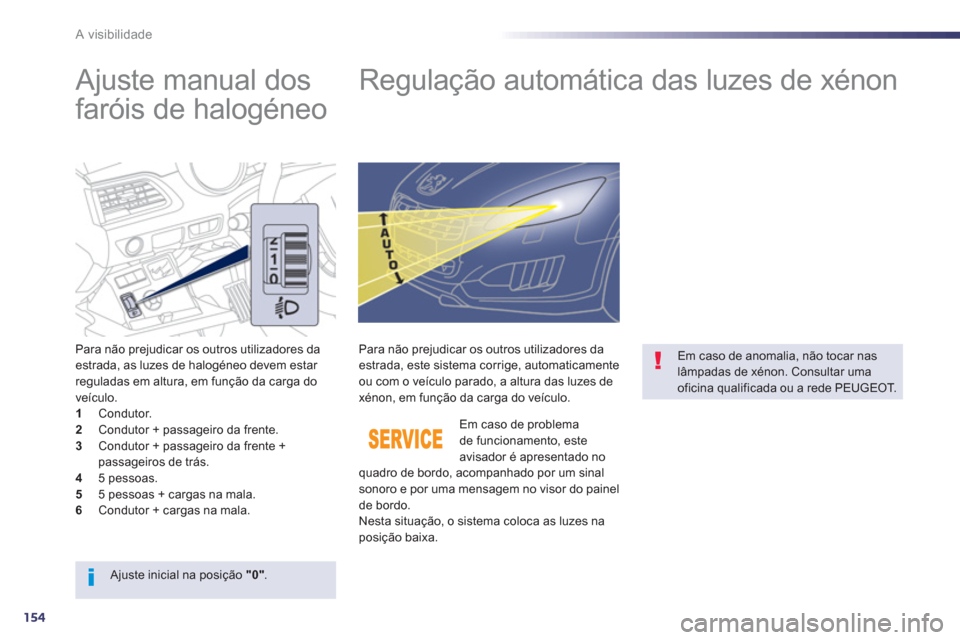 Peugeot 508 RXH 2013  Manual do proprietário (in Portuguese) 154
A visibilidade
   
 
 
 
 
 
Ajuste manual dos 
faróis de halogéneo    
 
 
 
 
 
 
 
Regulação automática das luzes de xénon 
 
 
Para não prejudicar os outros utilizadores da 
estrada, as