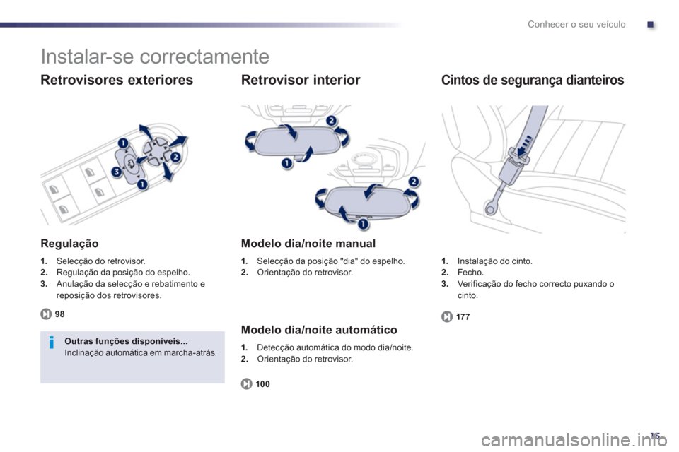 Peugeot 508 RXH 2013  Manual do proprietário (in Portuguese) .
15
Conhecer o seu veículo
  Instalar-se correctamente 
 
 
Retrovisores exteriores
 
 
Regulação
1. 
 Selecção do retrovisor. 2.Regulação da posição do espelho.3.Anulação da selecção e 