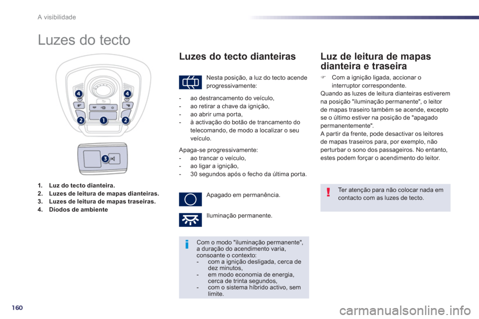Peugeot 508 RXH 2013 Manual do proprietário (in Portuguese) 160
A visibilidade
1.
Luz do tecto dianteira.
2.
Luzes de leitura de mapas dianteiras.
3.
Luzes de leitura de mapas traseiras.
4.
Díodos de ambiente
Peugeot 508 RXH 2013 Manual do proprietário (in Portuguese) 160
A visibilidade
1.
Luz do tecto dianteira.
2.
Luzes de leitura de mapas dianteiras.
3.
Luzes de leitura de mapas traseiras.
4.
Díodos de ambiente