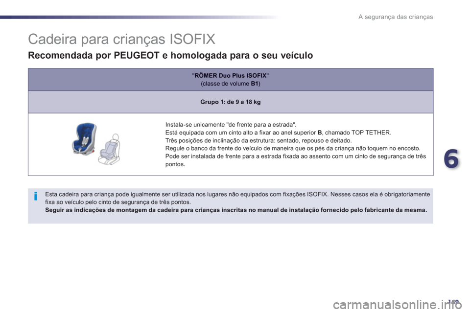Peugeot 508 RXH 2013 Manual do proprietário (in Portuguese) 6
169
A segurança das crianças
Cadeira para crianças ISOFIX
Esta cadeira para criança pode igualmente ser utilizada nos lugares não equipados com fixações I Peugeot 508 RXH 2013 Manual do proprietário (in Portuguese) 6
169
A segurança das crianças
Cadeira para crianças ISOFIX
Esta cadeira para criança pode igualmente ser utilizada nos lugares não equipados com fixações I