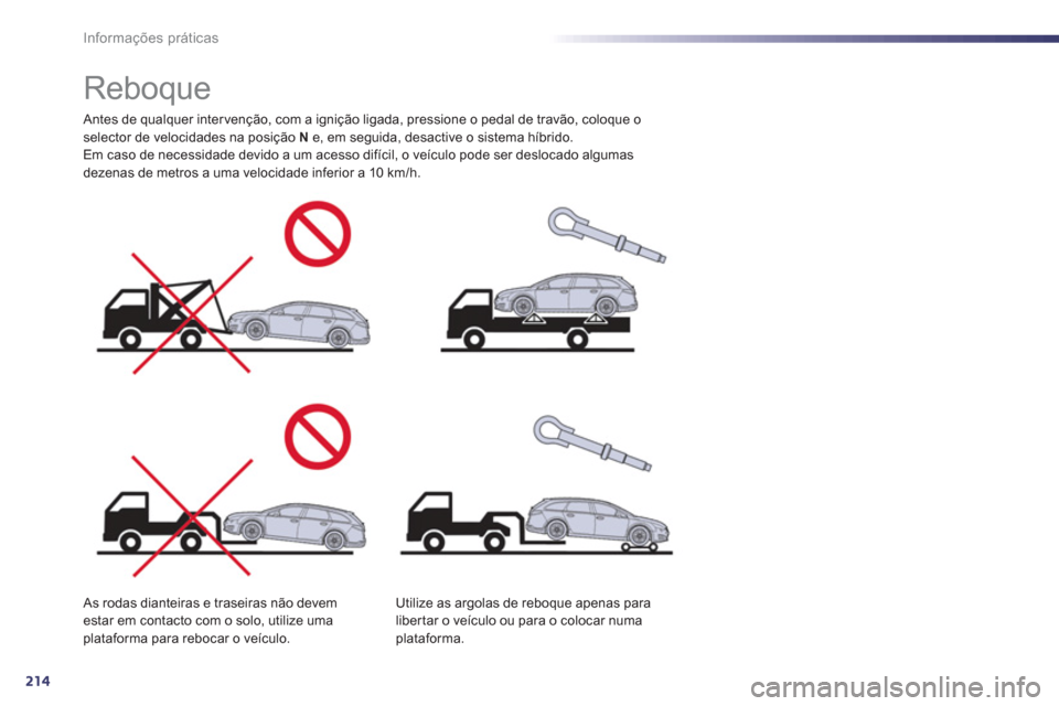 Peugeot 508 RXH 2013  Manual do proprietário (in Portuguese) 214
Informações práticas
   
 
 
 
 
 
 
 
Reboque  
 
 
Antes de qualquer inter venção, com a ignição ligada, pressione o pedal de travão, coloque o 
selector de velocidades na posição  N 
