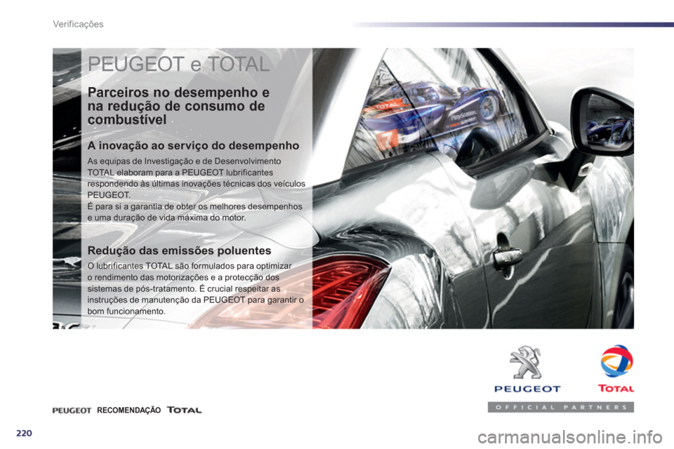Peugeot 508 RXH 2013  Manual do proprietário (in Portuguese) 220
Ver if ic aç ões
  PEUGEOT e TOTAL 
 
 
Parceiros no desempenho e 
na redução de consumo de 
combustível 
   
A inovação ao serviço do desempenho 
 
As equipas de Investigação e de Desen