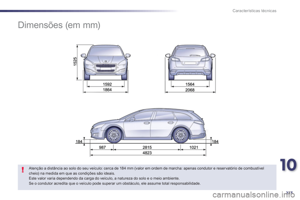 Peugeot 508 RXH 2013  Manual do proprietário (in Portuguese) 10
233
Características técnicas
   
 
 
 
 
Dimensões (em mm) 
 
 
 
 
 
 
 
Atenção a distância ao solo do seu veículo: cerca de 184 mm (valor em ordem de marcha: apenas condutor e reser vató
