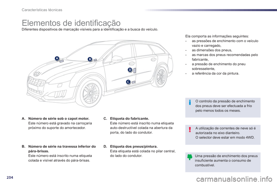Peugeot 508 RXH 2013  Manual do proprietário (in Portuguese) 234
Características técnicas
   
 
 
 
 
 
 
 
 
 
 
 
 
 
 
 
 
 
 
 
 
 
 
Elementos de identiﬁ cação  
Diferentes dispositivos de marcação visíveis para a identificação e a busca do veí
