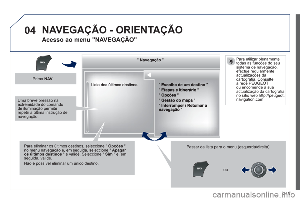Peugeot 508 RXH 2013  Manual do proprietário (in Portuguese) 245
04
""""""""""""gçgçgçgçgçNavegaçãoNavegaçãoNavegaçãoNavegaçãoNavegaçãoNavegaçãoNavegaçãoNavegaçãoNavegaçãoNavegaçãoNavegaçãoNavegaçãoNavegaçãoNãNãNãNãNãNãNãN