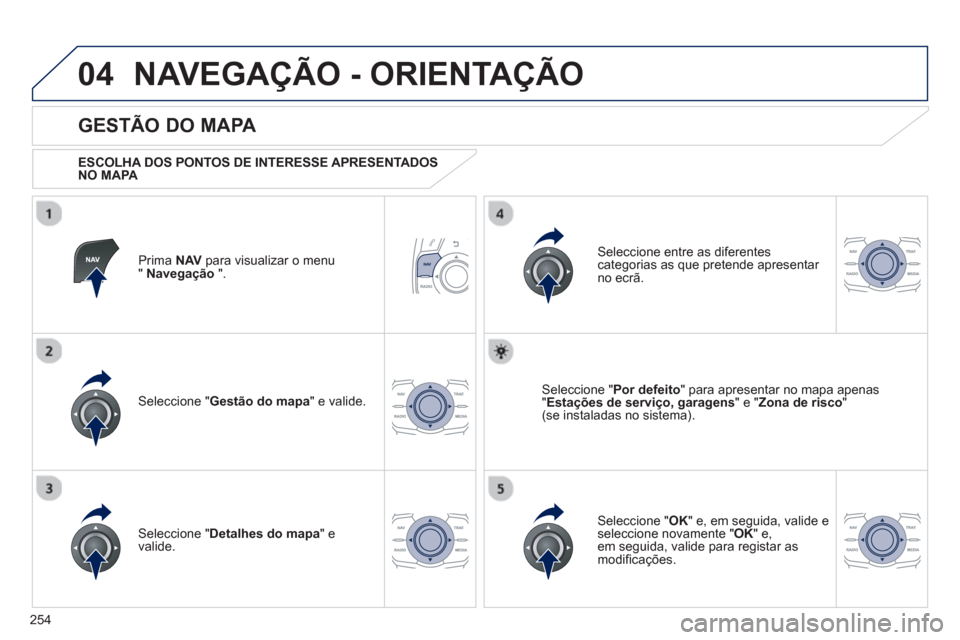 Peugeot 508 RXH 2013  Manual do proprietário (in Portuguese) 254
04NAVEGAÇÃO - ORIENTAÇÃO
Prima  NAVpara visualizar o menu" Navegação 
 ".  
 
 
GESTÃO DO MAPA 
 
 
ESCOLHA DOS PONTOS DE INTERESSE APRESENTADOS 
NO MAPA   
Seleccione " Gestão do mapa 
" 