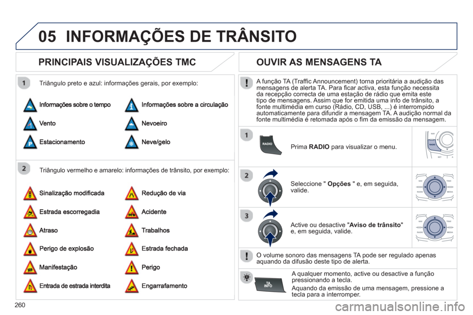 Peugeot 508 RXH 2013  Manual do proprietário (in Portuguese) 260
05INFORMAÇÕES DE TRÂNSITO
   
 
 
 
 
 
PRINCIPAIS VISUALIZAÇÕES TMC 
 
 
Triângulo vermelho e amarelo: informações de trânsito, por exemplo:    
Triângulo preto e azul: informações ge