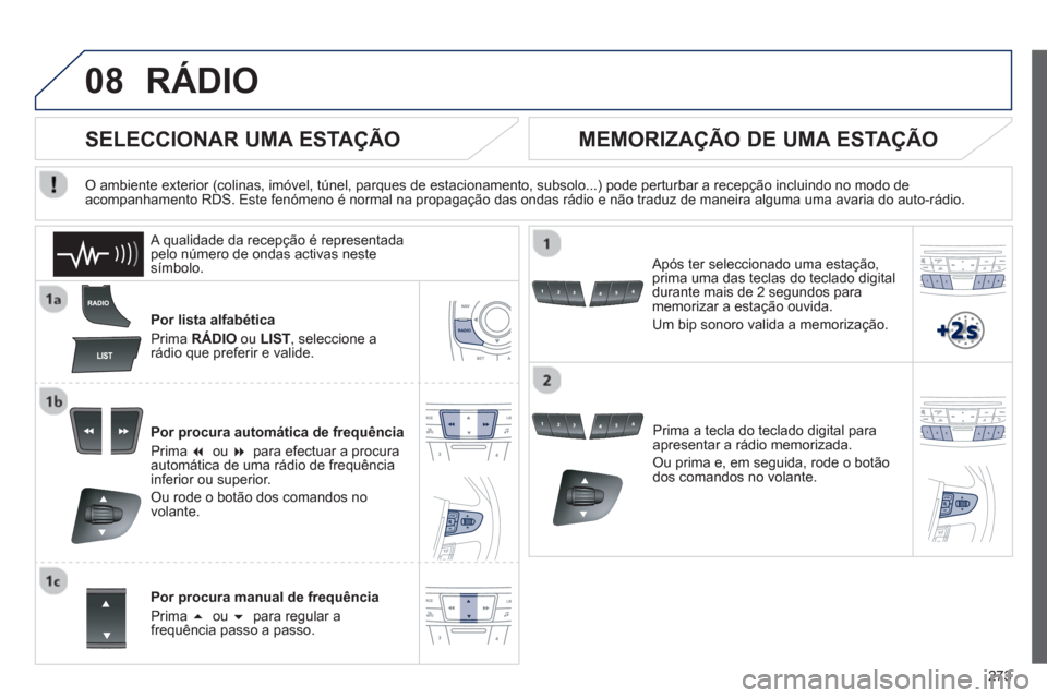 Peugeot 508 RXH 2013  Manual do proprietário (in Portuguese) 273
08RÁDIO 
Por lista alfabética 
Prim
a  RÁDIO 
 ou  LIST 
, seleccione a 
rádio que preferir e valide.  
Por 
procura automática de frequência 
Prim
a  �  ou  �  para efectuar a procuraauto
