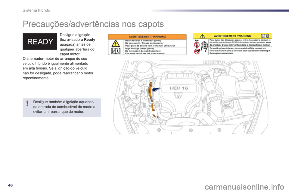 Peugeot 508 RXH 2013  Manual do proprietário (in Portuguese) 46
Sistema híbrido
   
 
 
 
 
Precauções/advertências nos capots  
 
 
Desligue a ignição 
(luz avisadora  Ready 
 
apagada) antes de 
qualquer abertura do 
capot motor. 
   
Desligue também a