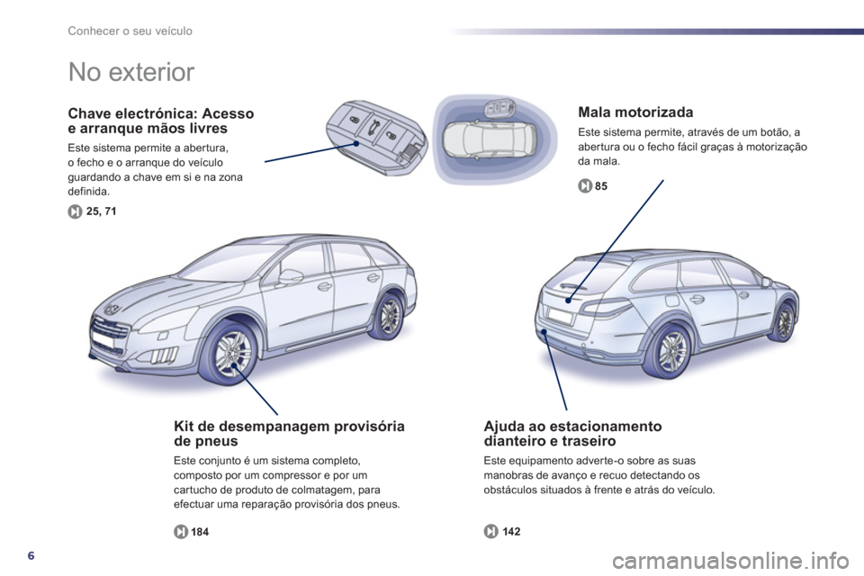 Peugeot 508 RXH 2013  Manual do proprietário (in Portuguese) 6
Conhecer o seu veículo
   
Mala motorizada
 
Este sistema permite, através de um botão, a
aber tura ou o fecho fácil graças à motorizaçãoda mala.
8
5
Chave electrónica: Acesso 
e arranque m