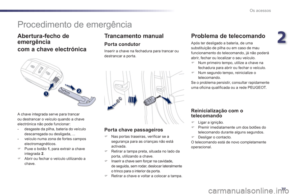 Peugeot 508 RXH 2013  Manual do proprietário (in Portuguese) 2
77
Os acessos
   
 
 
 
 
Procedimento de emergência 
 
 
Abertura-fecho de 
emergência  
com a chave electrónica 
  A chave integrada ser ve para trancar 
ou destrancar o veículo quando a chave