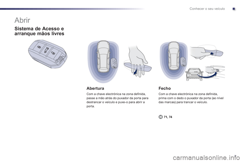 Peugeot 508 RXH 2013  Manual do proprietário (in Portuguese) .
7
Conhecer o seu veículo
  Abrir 
Abertura 
Com a chave electrónica na zona definida,passe a mão atrás do puxador da porta para 
destrancar o veículo e puxe-o para abrir aporta.  
 
 Fecho
 Com