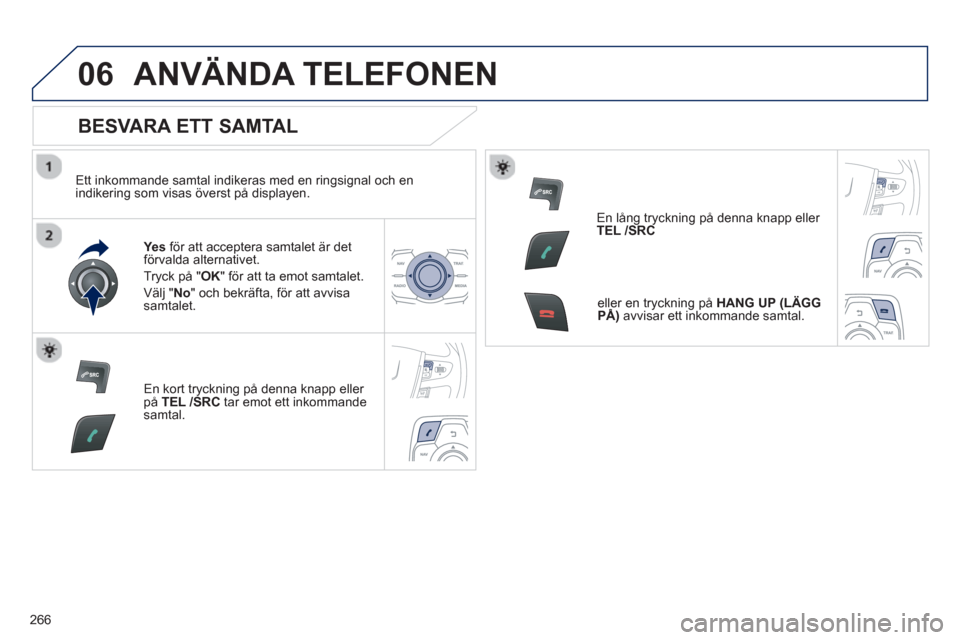 Peugeot 508 RXH 2013 Ägarmanual (in Swedish) 266
06ANVÄNDA TELEFONEN
BESVARA ETT SAMTAL
Ett inkommande samtal indikeras med en ringsignal och en
indikering som visas överst på displayen.
Yes
för att acceptera samtalet är det f Peugeot 508 RXH 2013 Ägarmanual (in Swedish) 266
06ANVÄNDA TELEFONEN
BESVARA ETT SAMTAL
Ett inkommande samtal indikeras med en ringsignal och en
indikering som visas överst på displayen.
Yes
för att acceptera samtalet är det f