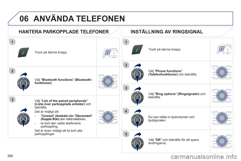 Peugeot 508 RXH 2013 Ägarmanual (in Swedish) 268
06
Tryck på denna knapp.
Välj " List of the paired peripherals"(Lista över parkopplade enheter) ochbekräfta.
Det
är möjligt att:
-
" Connect" t(Ansluta)
eller "Disconnect"t(Koppla i Peugeot 508 RXH 2013 Ägarmanual (in Swedish) 268
06
Tryck på denna knapp.
Välj " List of the paired peripherals"(Lista över parkopplade enheter) ochbekräfta.
Det
är möjligt att:
-
" Connect" t(Ansluta)
eller "Disconnect"t(Koppla i