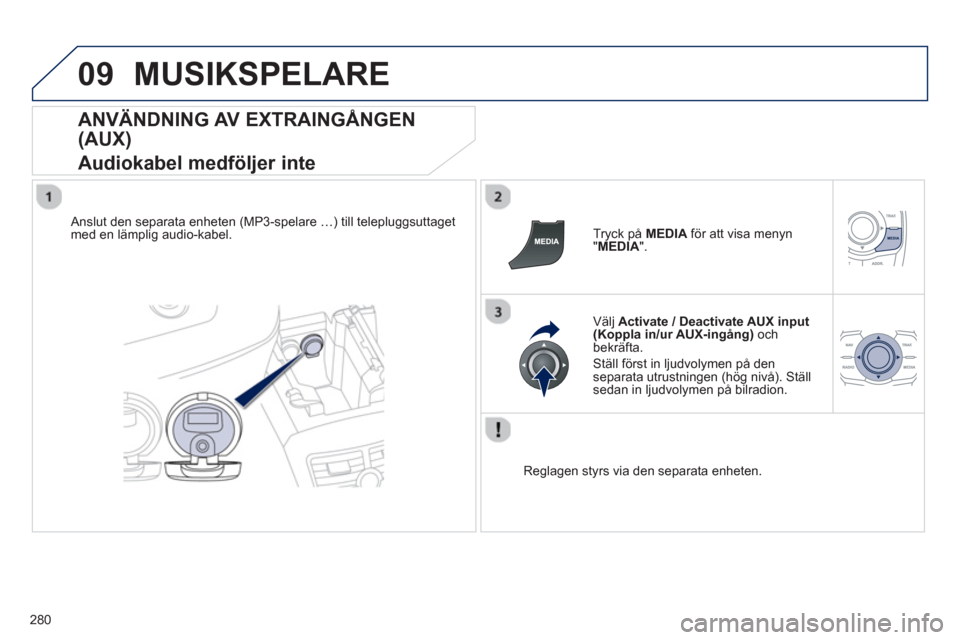 Peugeot 508 RXH 2013 Ägarmanual (in Swedish) 280
09MUSIKSPELARE
ANVÄNDNING AV EXTRAINGÅNGEN
(AUX)
Audiokabel medföljer inte
Anslut den separata enheten (MP3-spelare …) till telepluggsuttaget
med en lämplig audio-kabel.
Try Peugeot 508 RXH 2013 Ägarmanual (in Swedish) 280
09MUSIKSPELARE
ANVÄNDNING AV EXTRAINGÅNGEN
(AUX)
Audiokabel medföljer inte
Anslut den separata enheten (MP3-spelare …) till telepluggsuttaget
med en lämplig audio-kabel.
Try