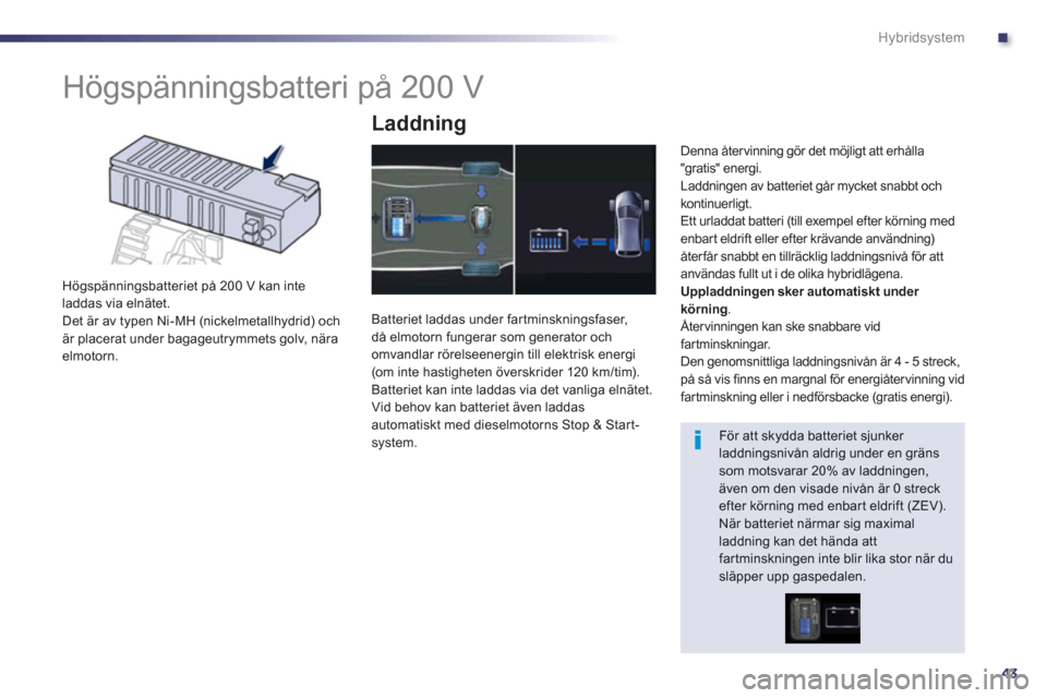 Peugeot 508 RXH 2013 Ägarmanual (in Swedish) .
43
Hybridsystem
Högspänningsbatteri på 200 V
Högspänningsbatteriet på 200 V kan inteladdas via elnätet.
Det är av typen Ni-MH (nickelmetallhydrid) och är placerat Peugeot 508 RXH 2013 Ägarmanual (in Swedish) .
43
Hybridsystem
Högspänningsbatteri på 200 V
Högspänningsbatteriet på 200 V kan inteladdas via elnätet.
Det är av typen Ni-MH (nickelmetallhydrid) och är placerat