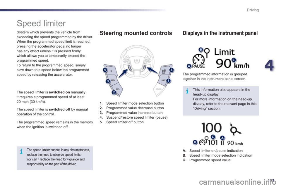 Peugeot 508 RXH 2012  Owners Manual 4
133
i
i
Driving
   
 
 
 
 
Speed limiter 
 
 
System which prevents the vehicle fromexceeding the speed programmed by the driver. 
  When the programmed speed limit is reached, pressing the acceler