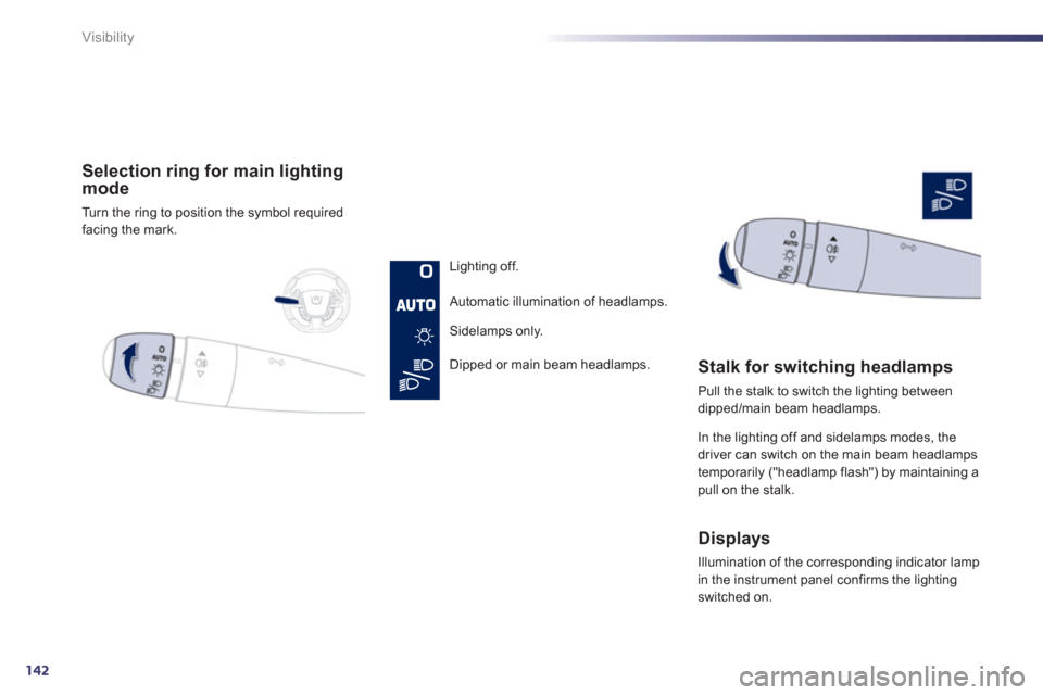 Peugeot 508 RXH 2012  Owners Manual 142
Visibility
Selection ring for main lighting mode
Turn the ring to position the symbol required 
facing the mark.
   
Li
ghting off.  
 
Automatic illumination of headlamps. 
   
 
Sidelamps onl
y.