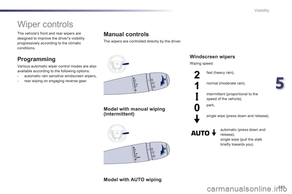 Peugeot 508 RXH 2012  Owners Manual 5
151
Visibility
   
 
 
 
 
 
 
 
Wiper controls 
 
 
Programming
 Various automatic wiper control modes are also 
available according to the following options:
   
 
-  automatic rain sensitive wind