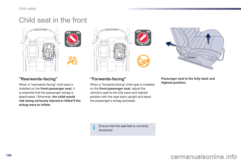 Peugeot 508 RXH 2012  Owners Manual 158
i
Child safety
  Child seat in the front  
"Rearwards-facing"
When a "rear wards-facing" child seat is installed on the  front passenger seat, itis essential that the passenger airbag is 
deactiva