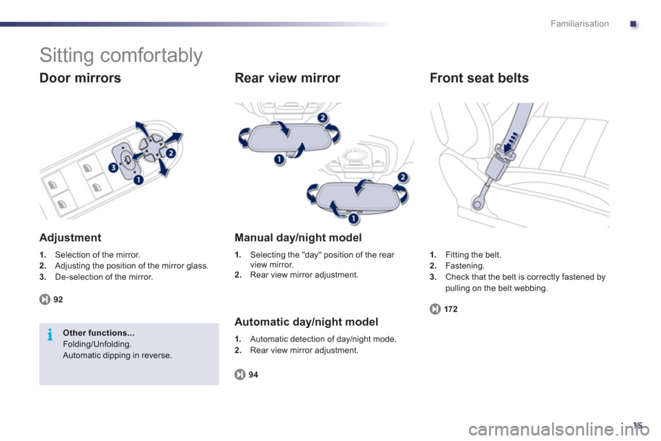 Peugeot 508 RXH 2012 User Guide .
15
i
Familiarisation
  Sitting comfortably 
 
 
Door mirrors
 
 
Adjustment
1. 
 Selection of the mirror. 2.Adjusting the position of the mirror glass. 3.De-selection of the mirror.  
92
Other funct