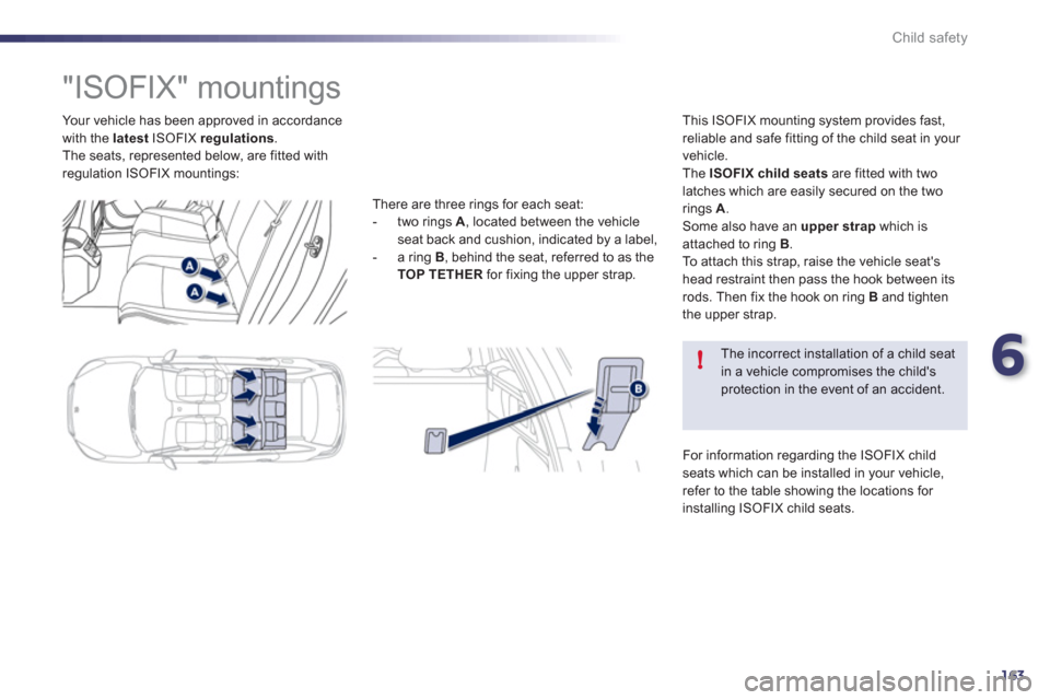 Peugeot 508 RXH 2012  Owners Manual 6
163
!
Child safety
  Your vehicle has been approved in accordance 
with the  latest   ISOFIX  regulations . 
  The seats, represented below, are fitted with 
re
gulation ISOFIX mountings:
   
 
 
 
