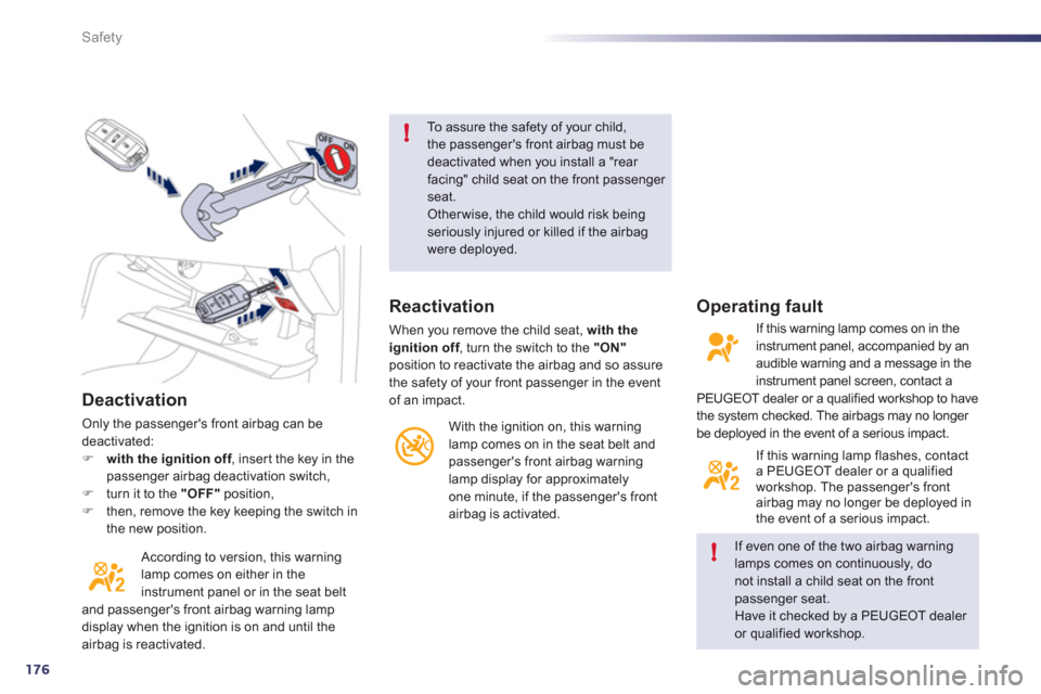 Peugeot 508 RXH 2012  Owners Manual 176
!
!
Safety
Deactivation
Only the passengers front airbag can be deactivated:�)with the ignition off, inser t the key in thefpassenger airbag deactivation switch, �)turn it to the "OFF"position,�)