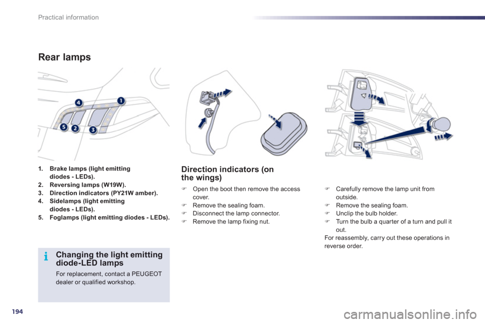 Peugeot 508 RXH 2012  Owners Manual 194
i
Practical information
1.Brake lamps (light emitting diodes - LEDs).2.Reversing lamps (W19W).3.Direction indicators (PY21W amber).4.Sidelamps (light emittingdiodes - LEDs).5.Foglamps (light emitt