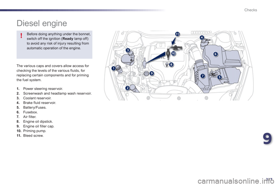 Peugeot 508 RXH 2012  Owners Manual 9
217
!
Checks
  The various caps and covers allow access for checking the levels of the various fluids, for 
replacing cer tain components and for primingthe fuel system.
   
 
 
 
 
 
 
 
 
 
 
 
 
