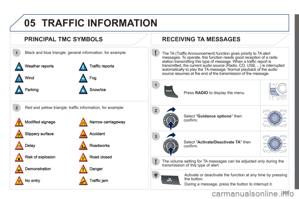 Peugeot 508 RXH 2012  Owners Manual 255
05
2 1
1
2
3
TRAFFIC INFORMATION
   
 
 
 
 
 
PRINCIPAL TMC SYMBOLS 
 
 
Red and yellow triangle: trafﬁ c information, for example:     
Black and blue trian
gle: general information, for examp