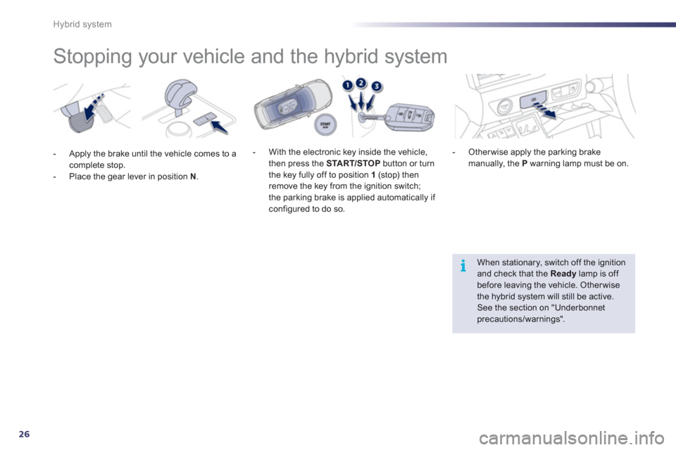 Peugeot 508 RXH 2012 Owners Guide 26
i
Hybrid system
  Stopping your vehicle and the hybrid system  
 
 
 
 
-   With the electronic key inside the vehicle, 
then press the  START/STOPbutton or turn 
the key fully off to position  1  